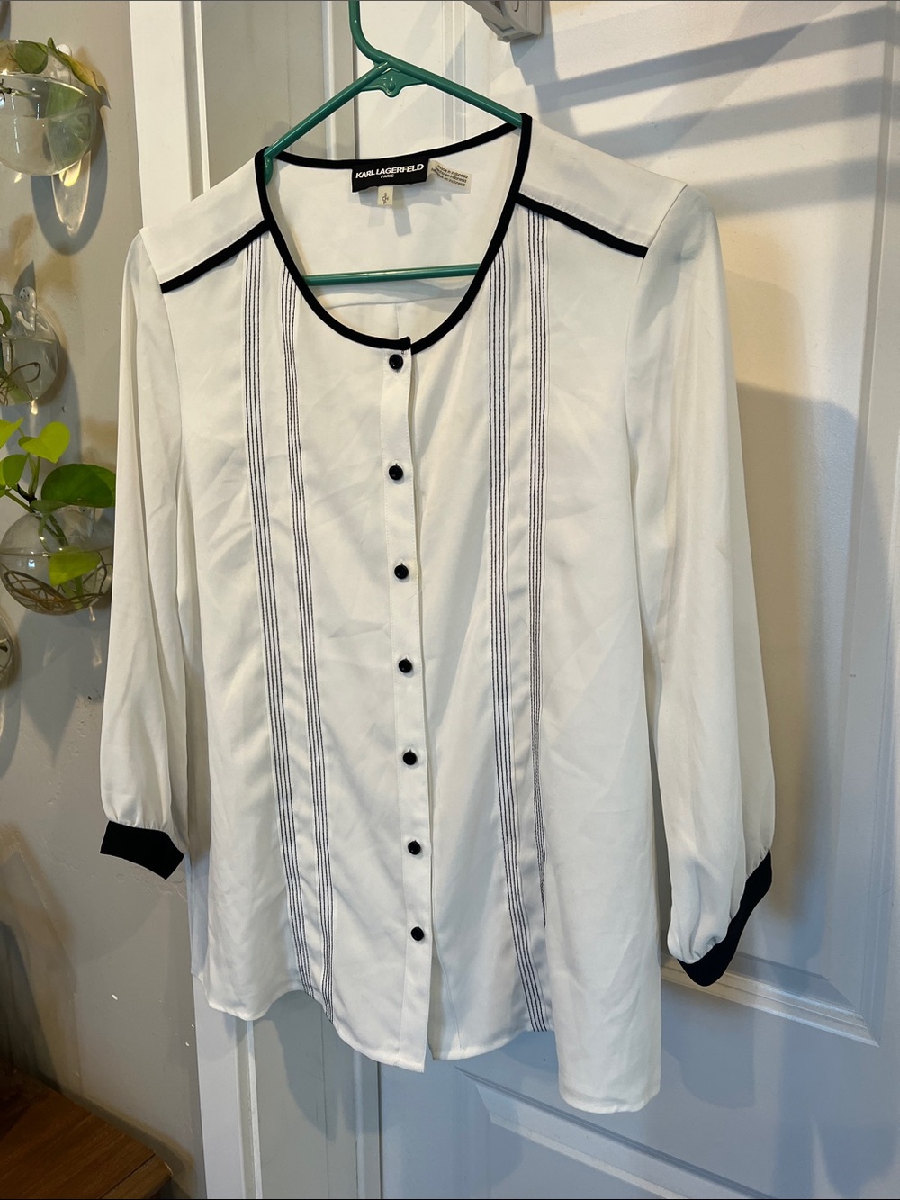 Karl Lagerfeld White Button-Down Blouse with Black Trim and Buttons